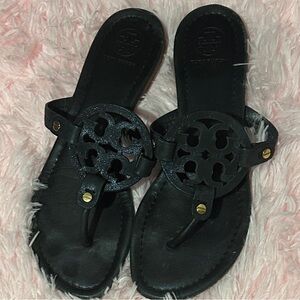 Tory Burch Black Leather Logo Thong Sandals with Gold Studs